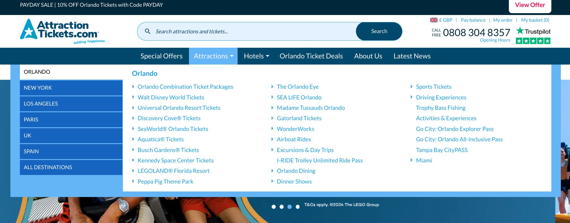 Attraction Tickets' website category structure