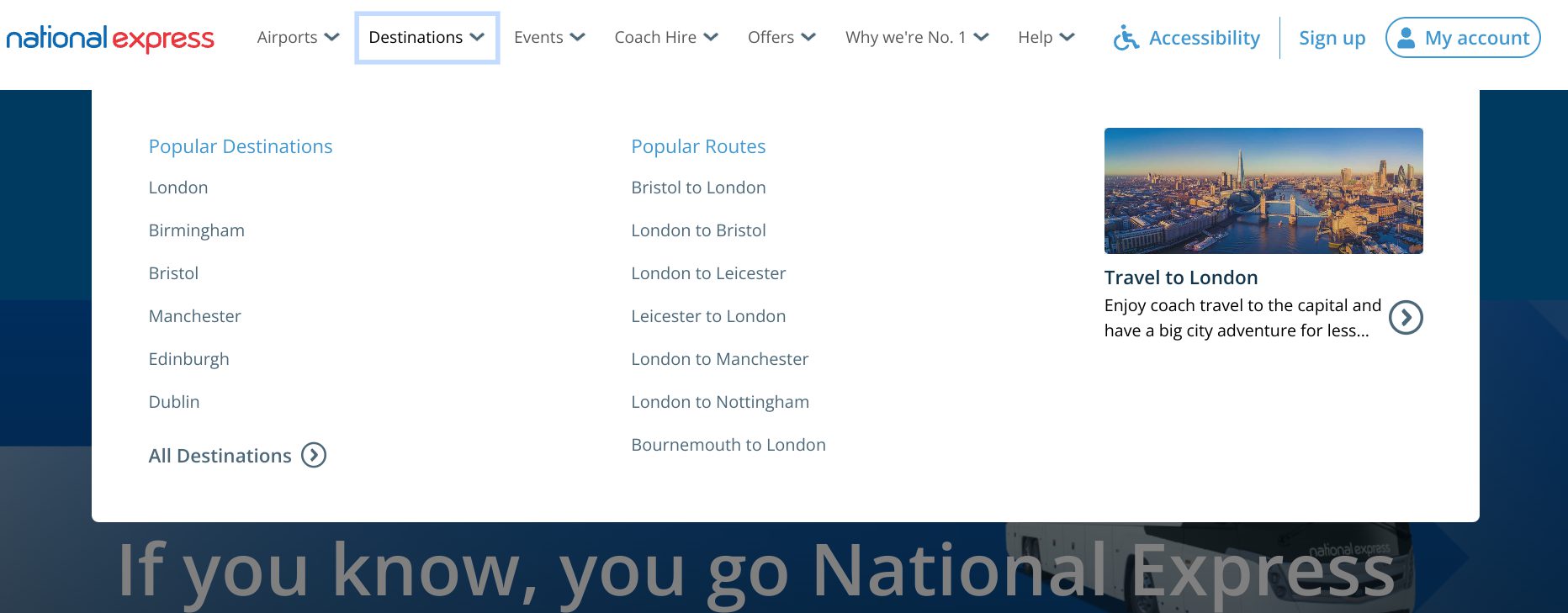 National Express's website category structure